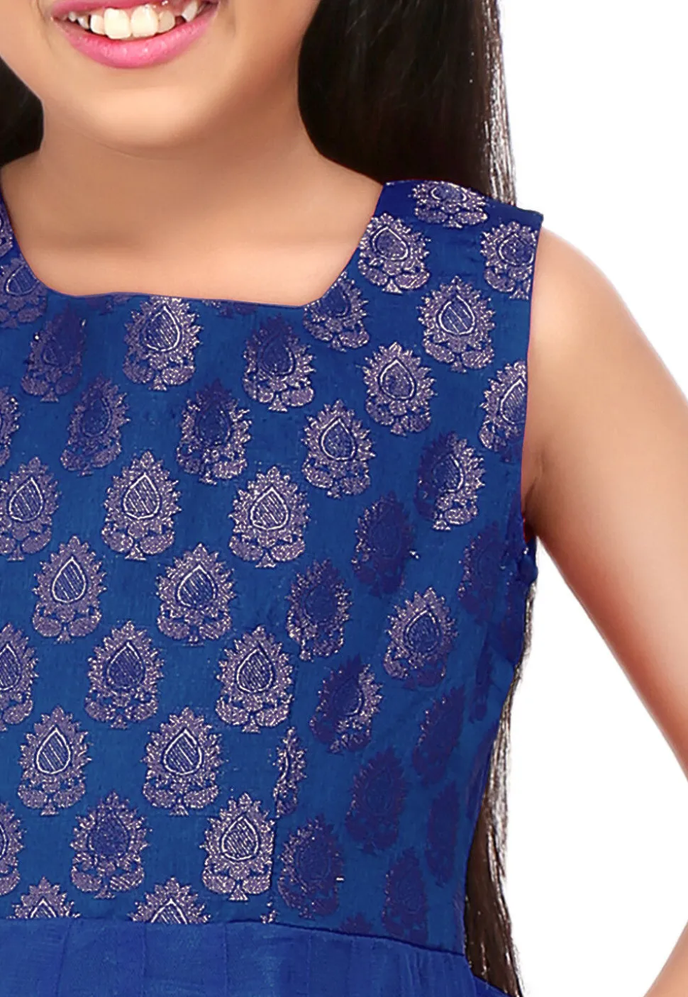 Woven Net Anarkali Suit in Royal Blue