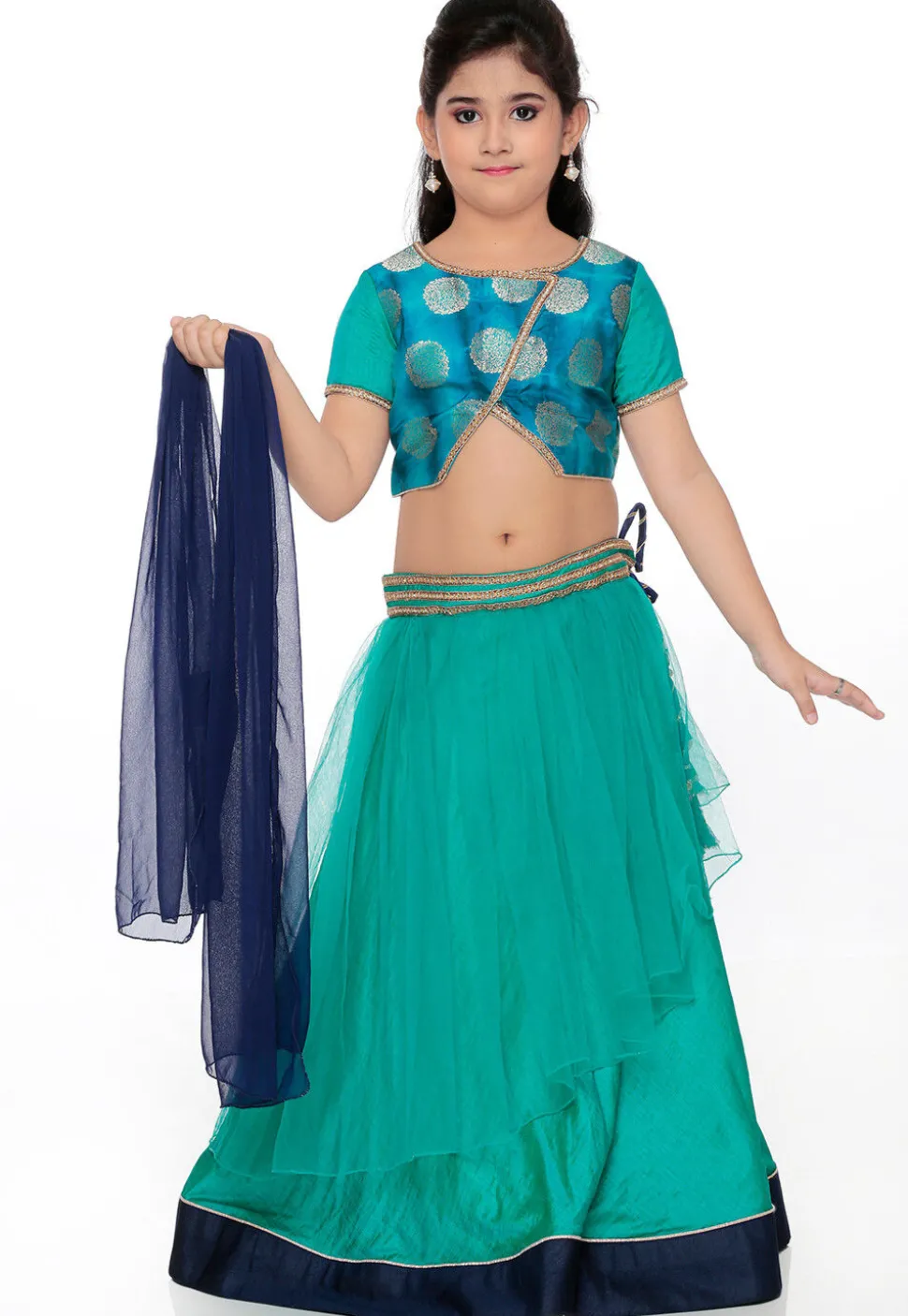 Woven Net Lehenga in Teal Green