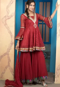 Woven Net Pakistani Suit in Maroon