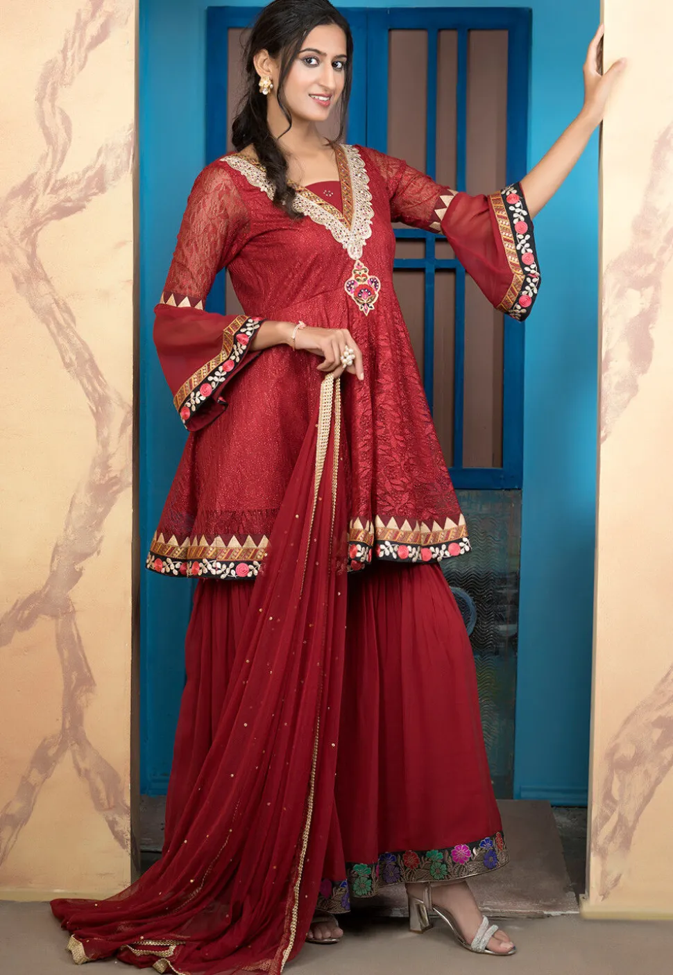 Woven Net Pakistani Suit in Maroon