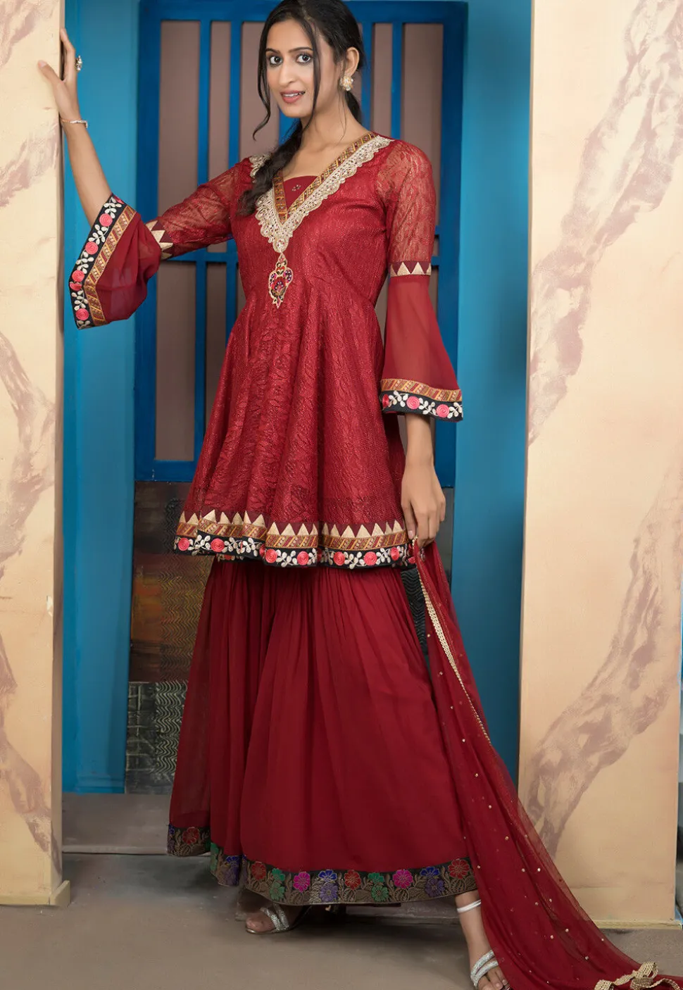 Woven Net Pakistani Suit in Maroon