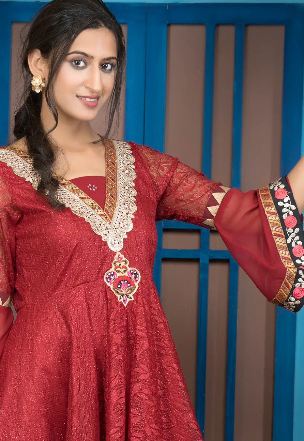 Woven Net Pakistani Suit in Maroon