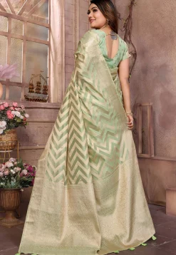Woven Organza Saree in Light Green