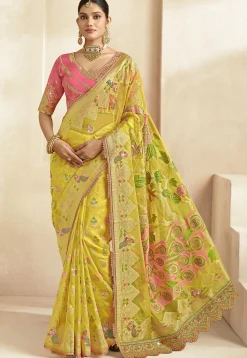 Woven Organza Scalloped Saree in Yellow