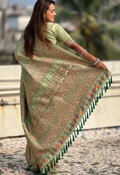 Woven Pashmina Silk Saree in Light Green