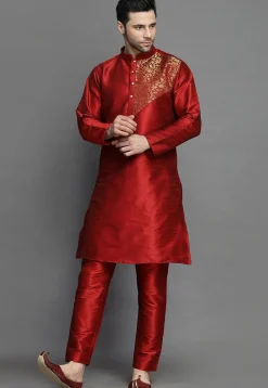 Woven Patch Art Silk Kurta Set in Maroon