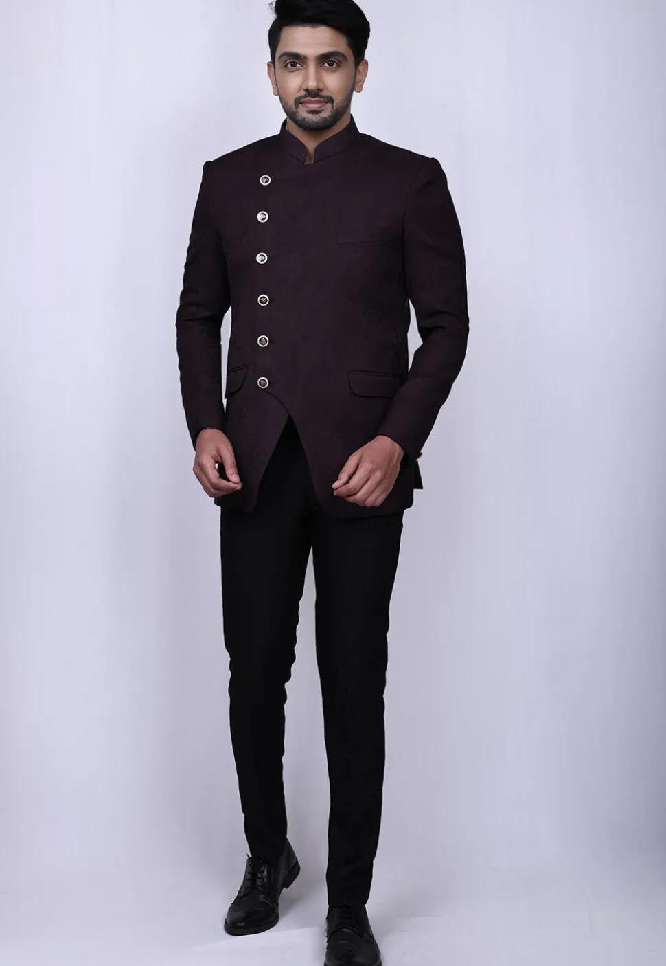 Woven Polyester Jacquard Jodhpuri Suit in Wine