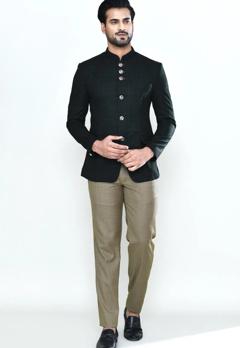 Woven Polyester Jacquard Jodhpuri Suit in Black