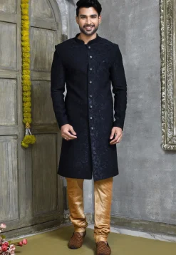 Woven Polyester Jacquard Sherwani in Navy Blue