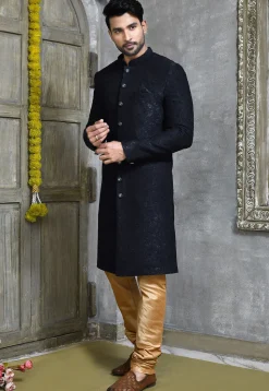 Woven Polyester Jacquard Sherwani in Navy Blue
