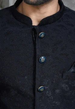 Woven Polyester Jacquard Sherwani in Navy Blue