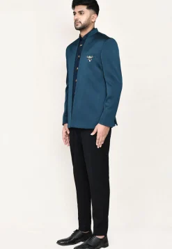 Woven Polyester Jodhpuri Suit in Teal Blue