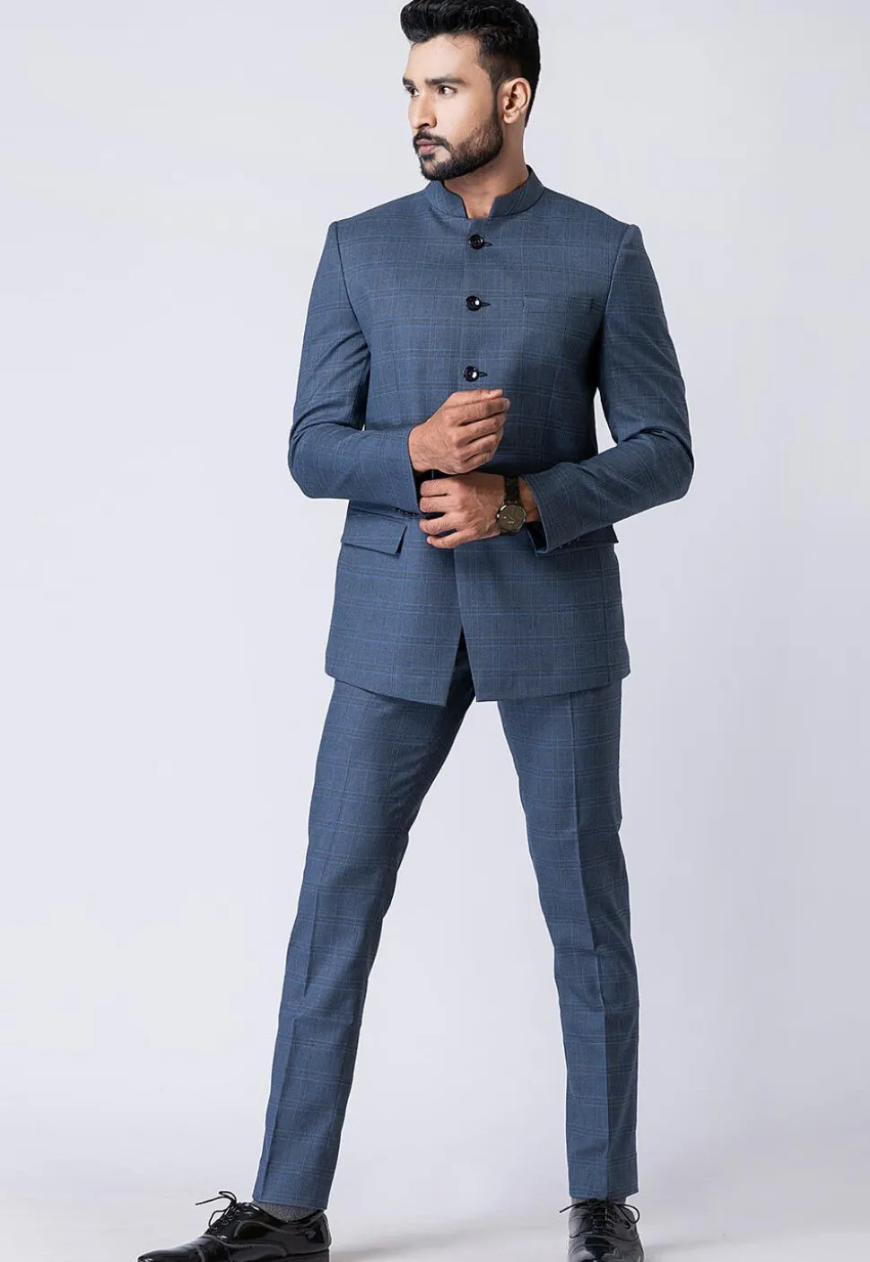 Woven Polyester Jodhpuri Suit in Dusty Blue