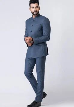 Woven Polyester Jodhpuri Suit in Dusty Blue