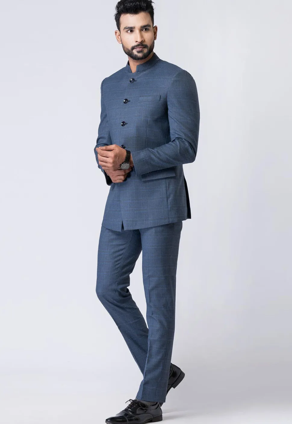 Woven Polyester Jodhpuri Suit in Dusty Blue