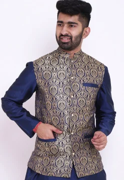 Woven Pure Banarasi Brocade Nehru Jacket in Navy Blue and Beige