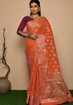Woven Pure Banarasi Silk Saree in Orange