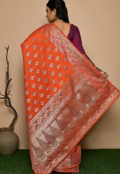 Woven Pure Banarasi Silk Saree in Orange