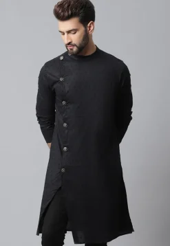 Woven Pure Cotton Dobby Kurta in Black