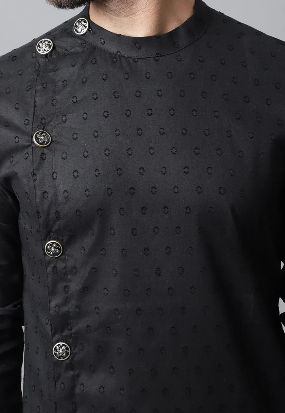 Woven Pure Cotton Dobby Kurta in Black
