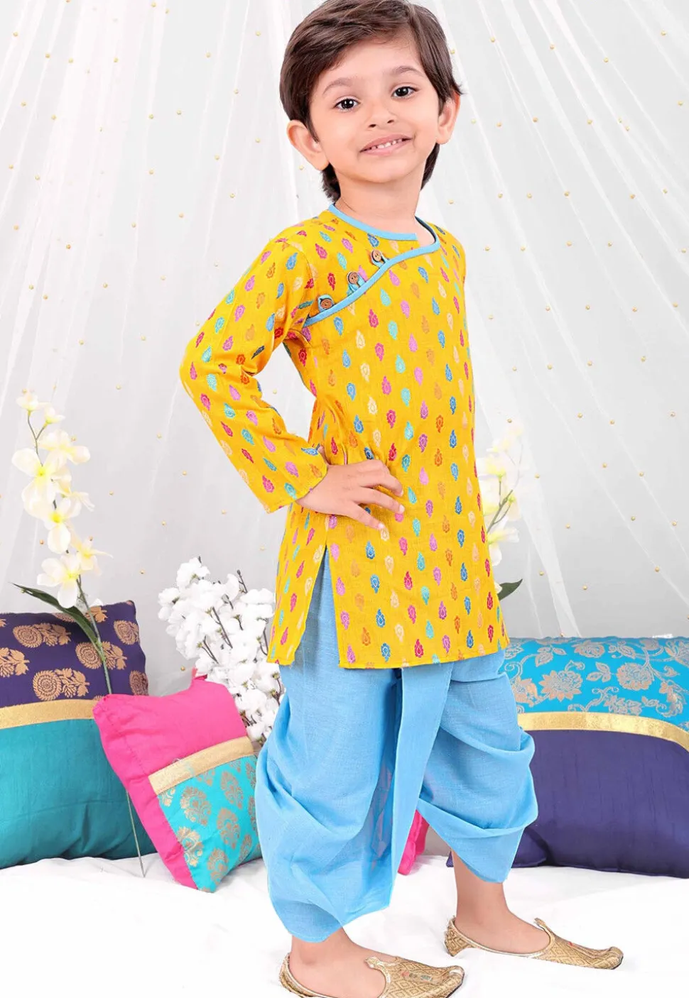 Woven Pure Cotton Jacquard Kurta Set in Yellow