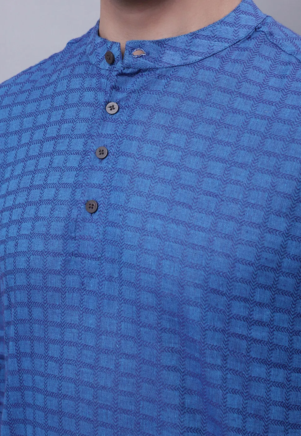 Woven Pure Cotton Jacquard Short Kurta in Blue