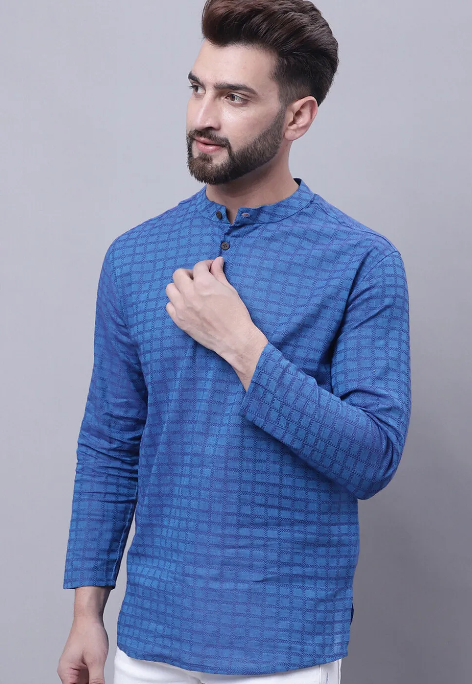Woven Pure Cotton Jacquard Short Kurta in Blue