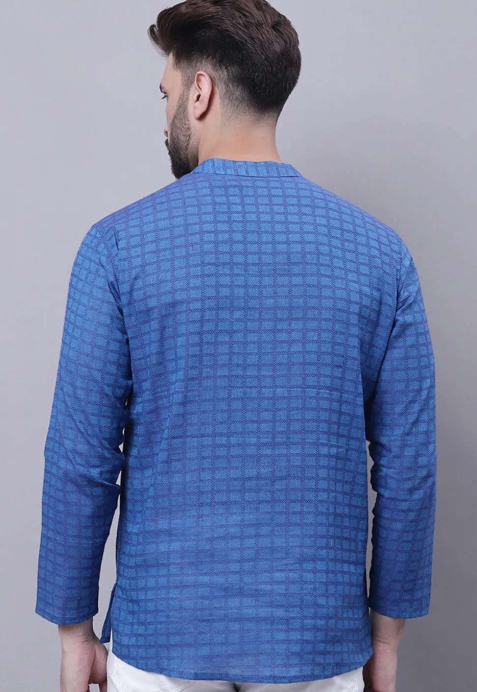 Woven Pure Cotton Jacquard Short Kurta in Blue