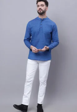 Woven Pure Cotton Jacquard Short Kurta in Blue
