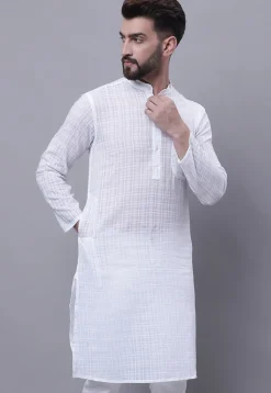 Woven Pure Cotton Jacquard Kurta in White