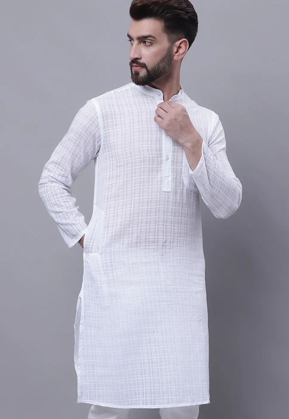 Woven Pure Cotton Jacquard Kurta in White