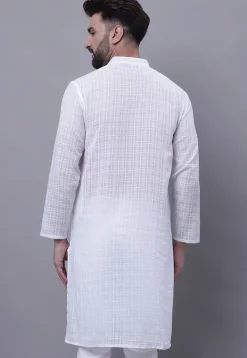 Woven Pure Cotton Jacquard Kurta in White