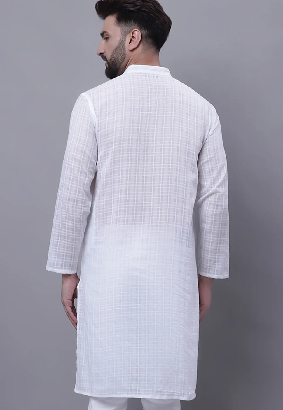 Woven Pure Cotton Jacquard Kurta in White