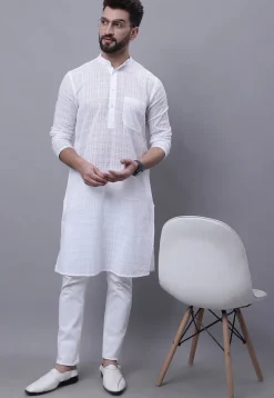 Woven Pure Cotton Jacquard Kurta in White