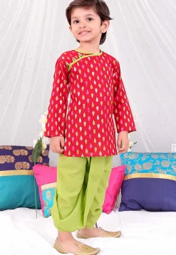Woven Pure Cotton Jacquard Kurta Set in Red