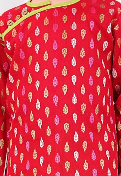 Woven Pure Cotton Jacquard Kurta Set in Red