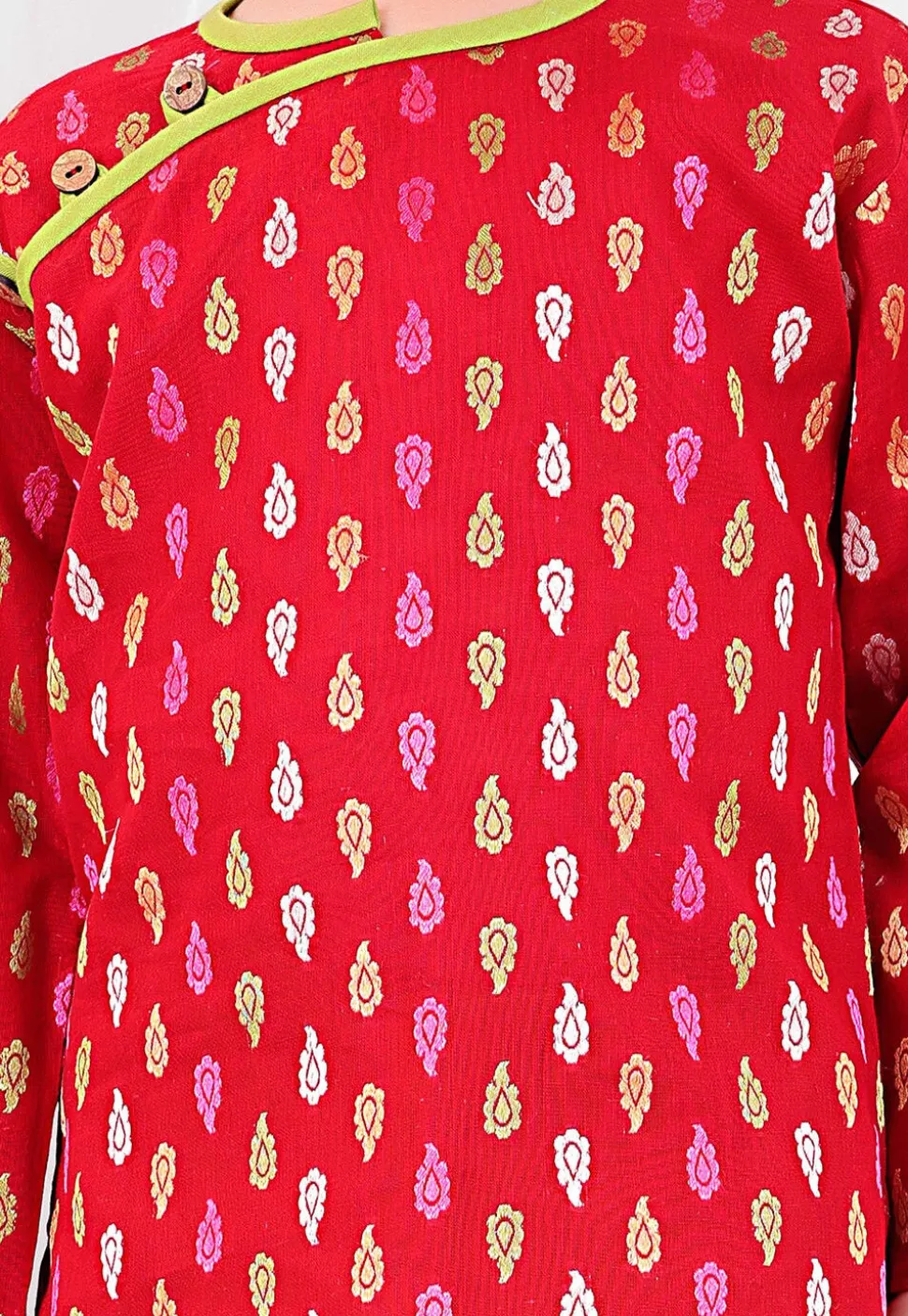 Woven Pure Cotton Jacquard Kurta Set in Red
