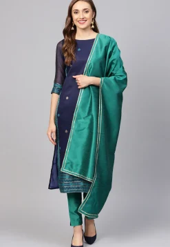 Woven Pure Cotton Pakistani Suit in Navy Blue