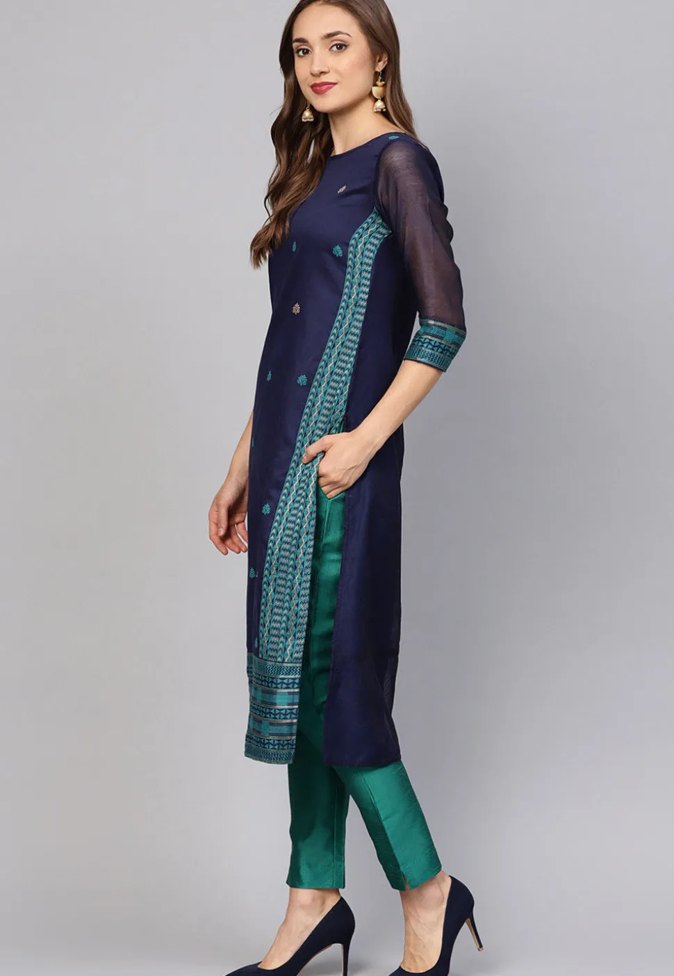 Woven Pure Cotton Pakistani Suit in Navy Blue