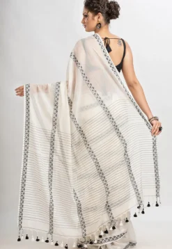 Woven Pure Cotton Saree in Off White