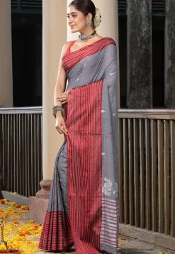 Woven Pure Cotton Saree in Grey