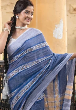 Woven Pure Cotton Saree in Dark Blue