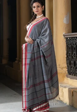 Woven Pure Cotton Saree in Dark Grey