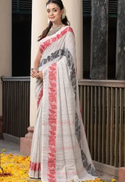 Woven Pure Cotton Saree in Off White