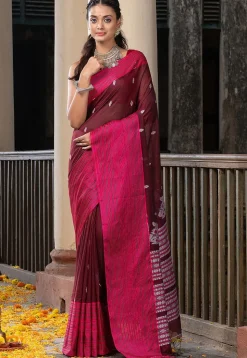 Woven Pure Cotton Saree in Maroon
