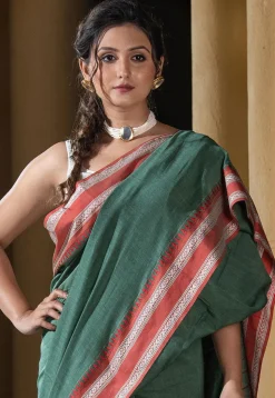 Woven Pure Cotton Saree in Dark Green