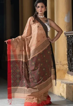 Woven Pure Cotton Saree in Light Brown