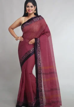 Woven Pure Cotton Tant Saree in Maroon