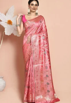 Woven Pure Dupion Silk Saree in Pink