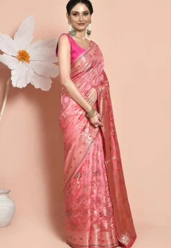 Woven Pure Dupion Silk Saree in Pink